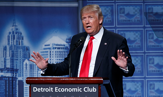 Donald Trump delivers an economic policy speech to the Detroit Economic Club, Monday, Aug. 8, 2016, in Detroit. (AP Photo/Evan Vucci)